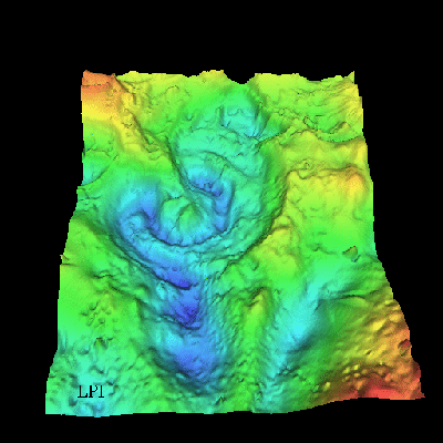 Représentation 3D de l'anomalie gravimétrique produite par le cratère Chicxulub, représentée par les contours semi-circulaires en relief.  Crédit : Wikimédia Commons