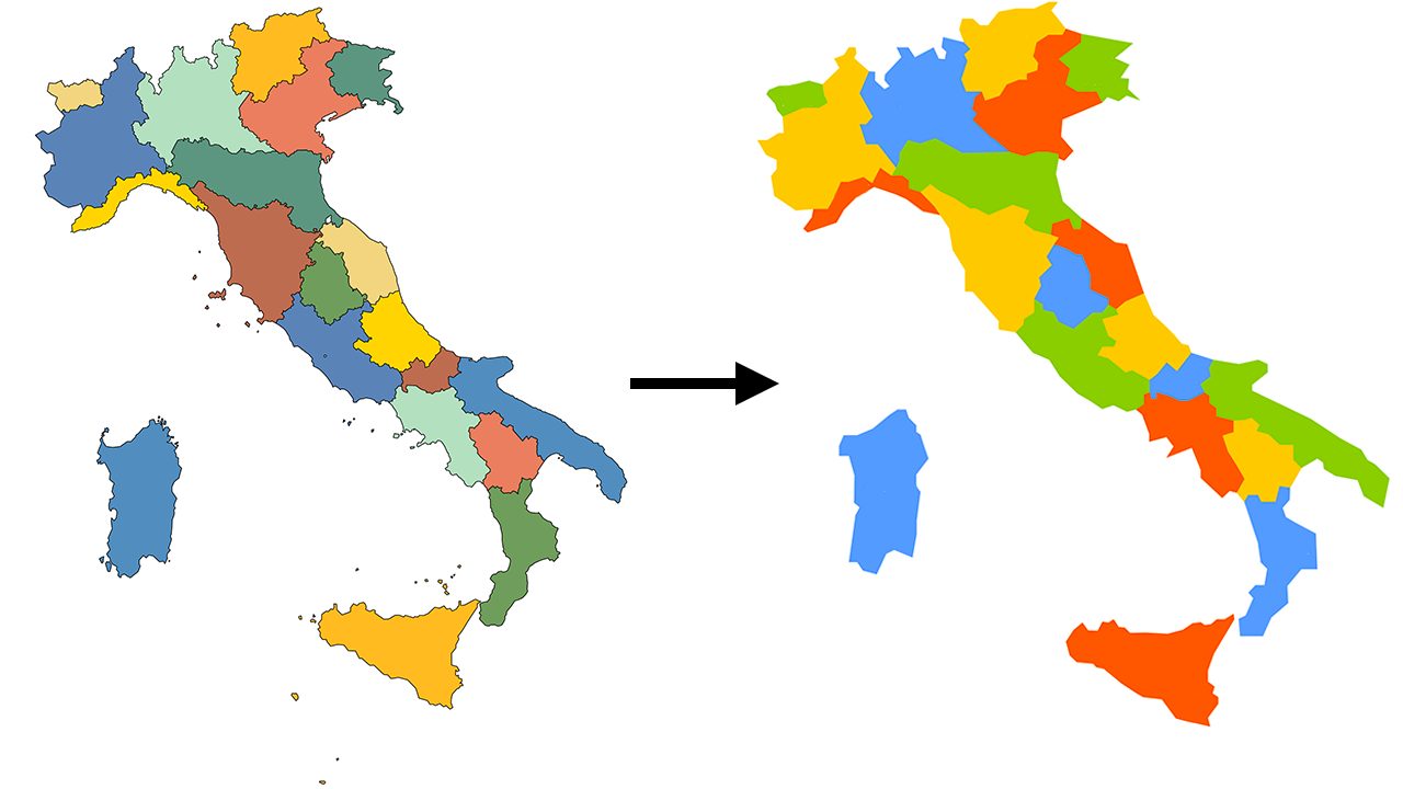 Carte du théorème des quatre couleurs de l'Italie