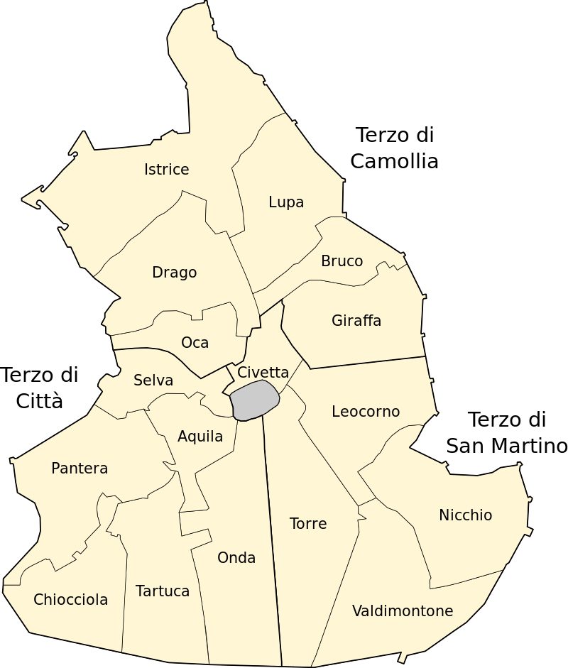 Les quartiers de Sienne (crédits Sannita).  En gris, la Piazza del Campo, qui n'appartient à aucun quartier