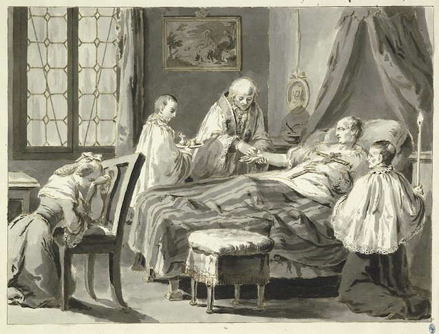 Extrême-onction dans une gravure du XVIIIe siècle