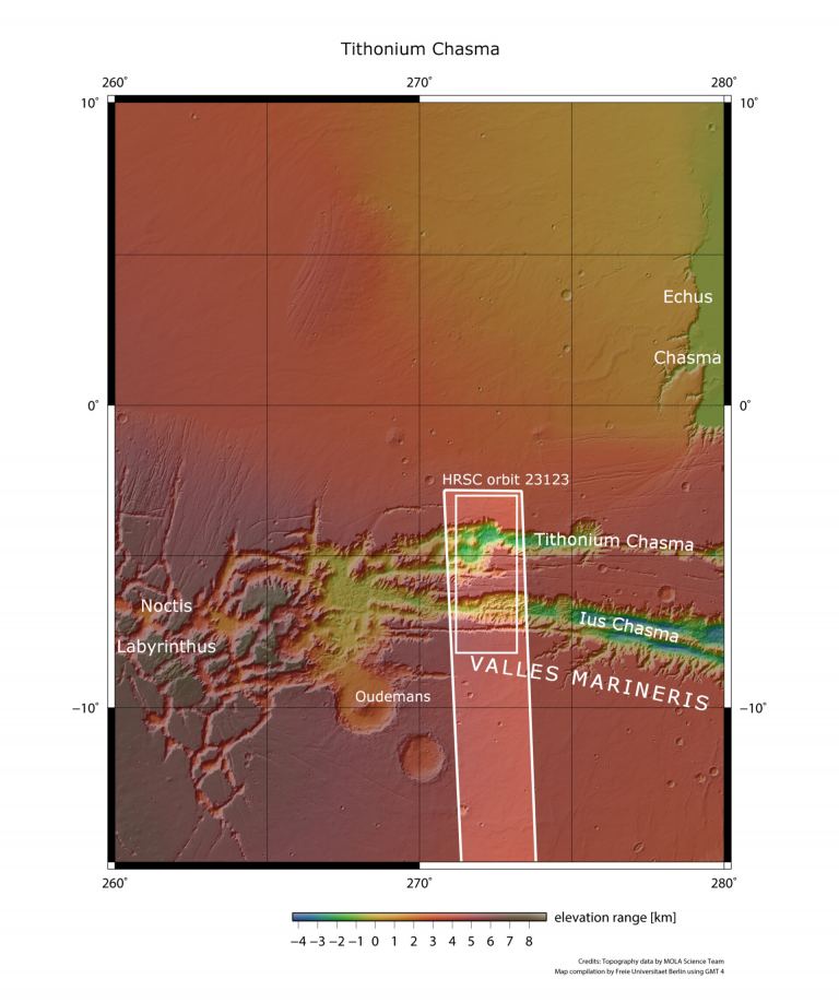 Carte montrant les régions de l'IUS et du Tithonium Chasmata. La carte a été produite par les enquêtes de la sonde Mars Express. Crédits: NASA.