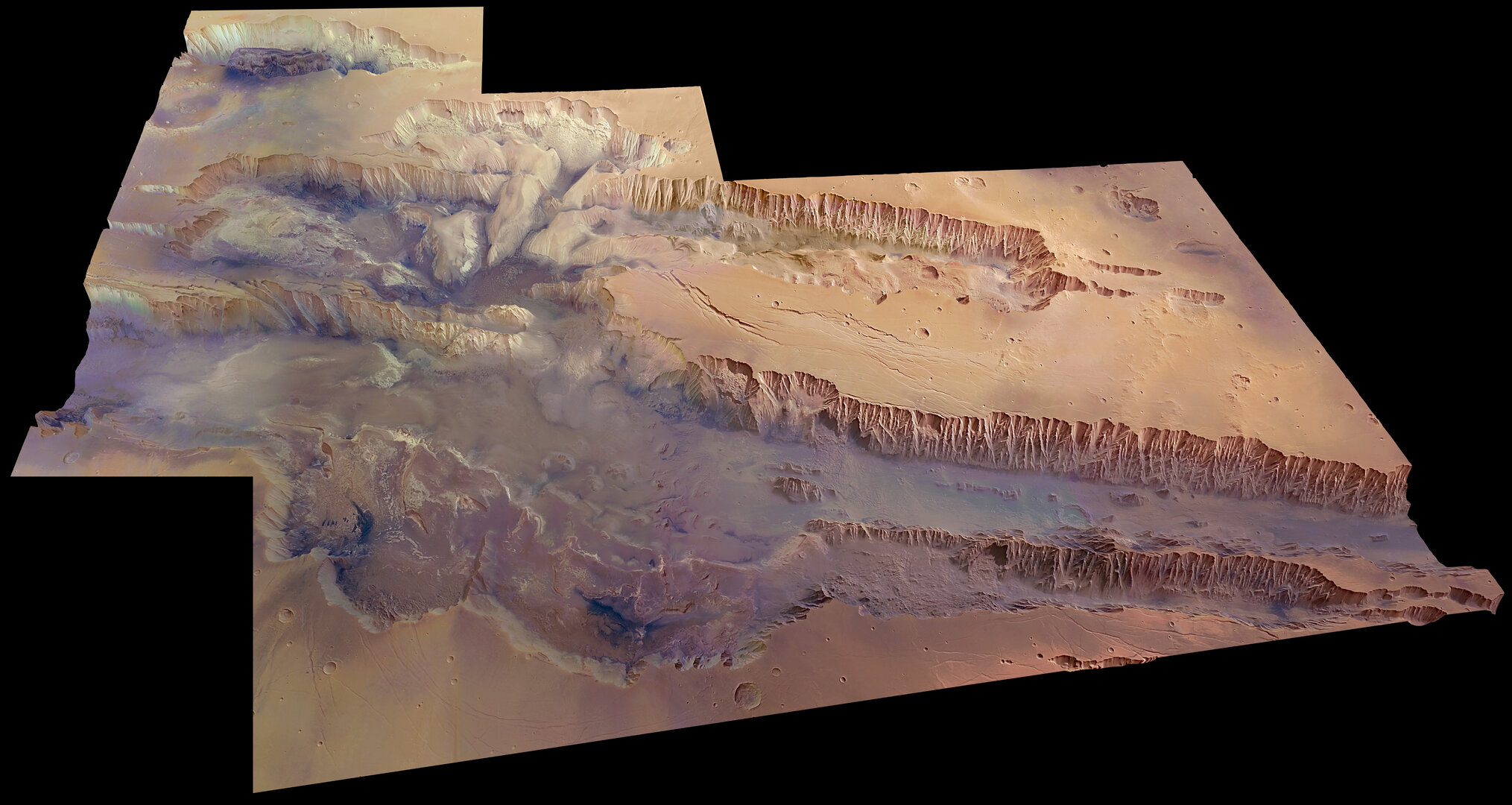 Modèle à trois dimensions montrant une partie du canyon martien obtenu des pâtues à la sonde Mars Express. Crédits: ESA.