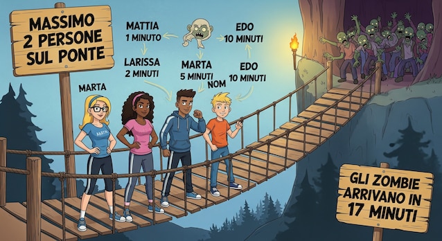 Les règles des Bridgeurs: Max 2 personnes sur le pont, 1 torche, Marta 5 min, Mattia 1 min, Laisa 2 min, edo 10 min, zombie 17 min