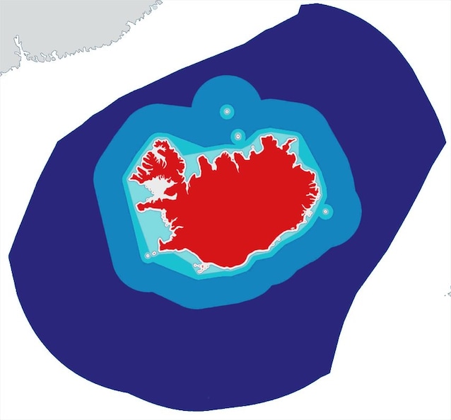 Islande et bandes de la zone économique exclusive Celeste 4mn, turquoise 12mn, azurto 50mn, bleu 200 mn