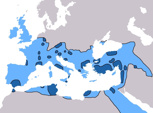 Affirmation du christianisme - Blu Scurso Jusqu'à 325, bleu clair jusqu'à 600 (crédits geuiwogbil via Wikimedia Commons)