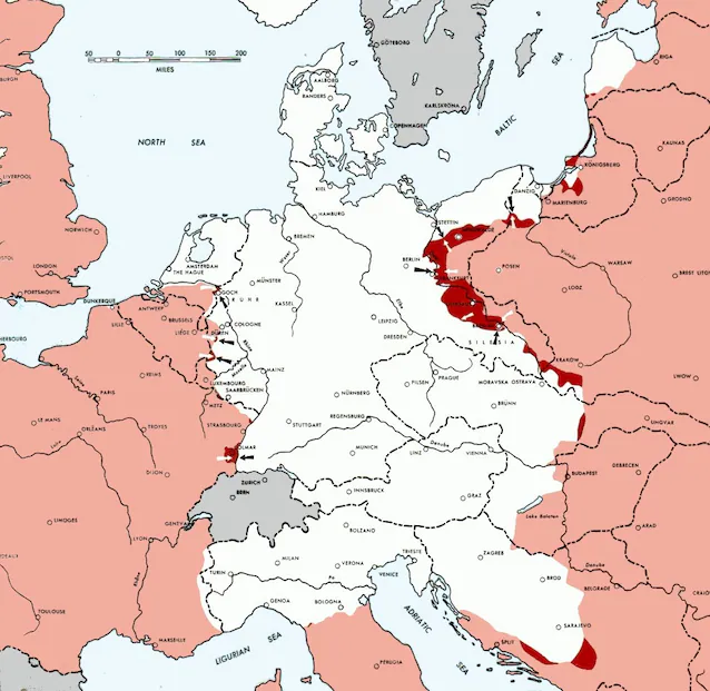 La situation sur le front au moment du bombardement (territoire allemand blanc, avancées alliées roses et rouges)