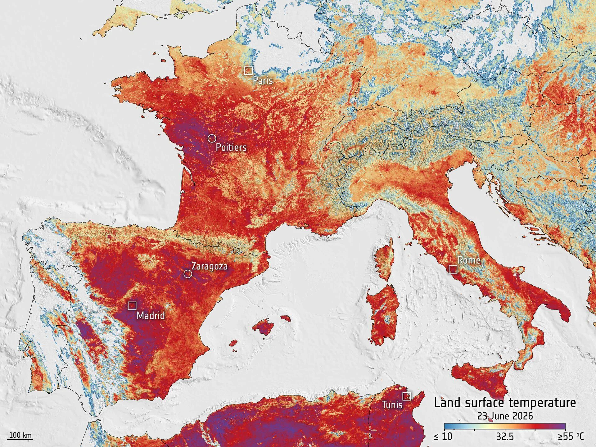 La chaleur vue par le satellite de l'ESA Sentinel-3 sur toute l'Europe : la carte