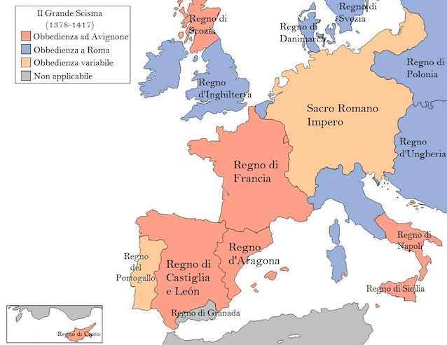 Carte du schisme occidental (Wikimedia Commons)
