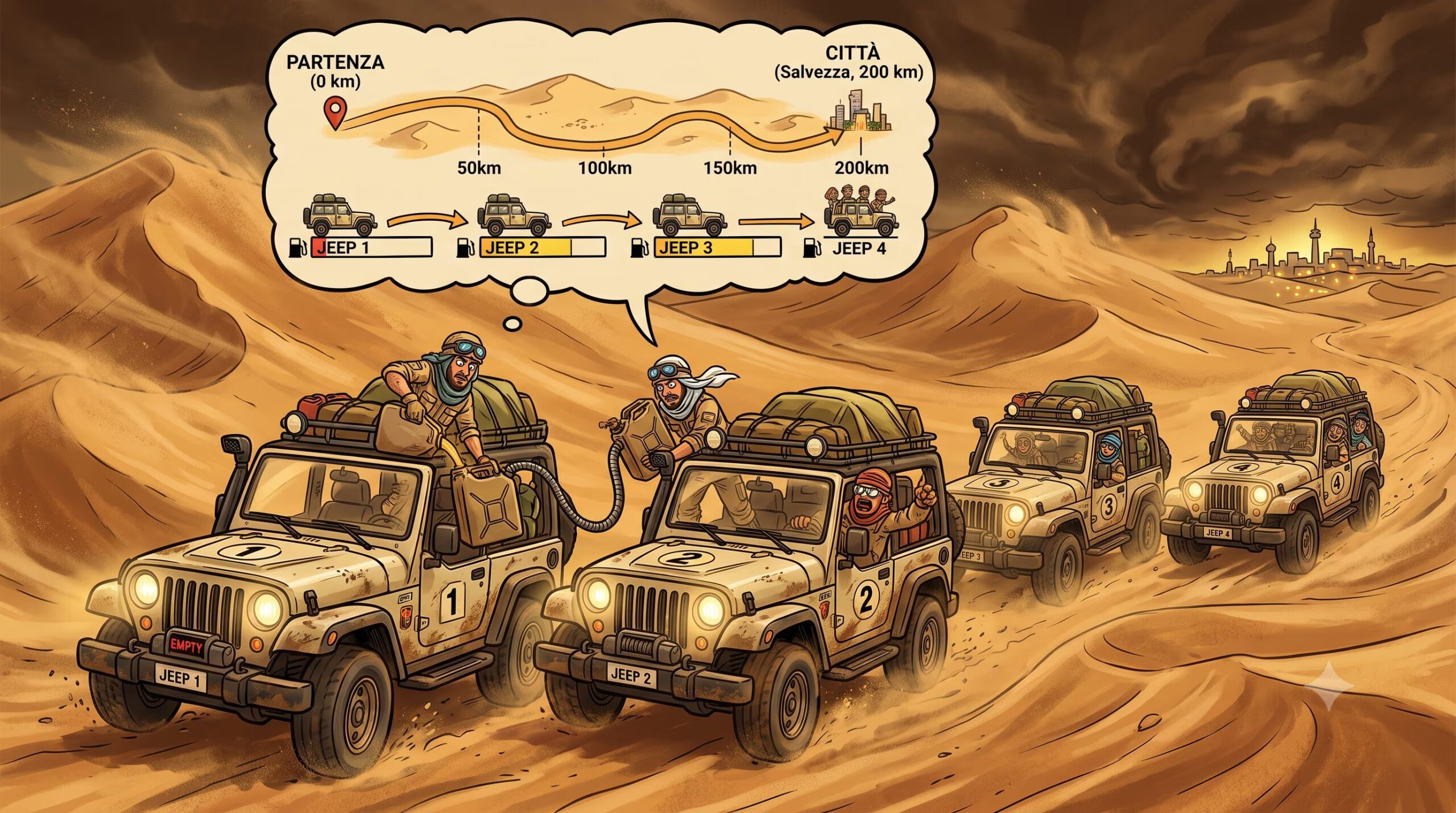 Jusqu'où chaque voiture doit-elle aller pour sauver les explorateurs : la solution à l'énigme de la jeep