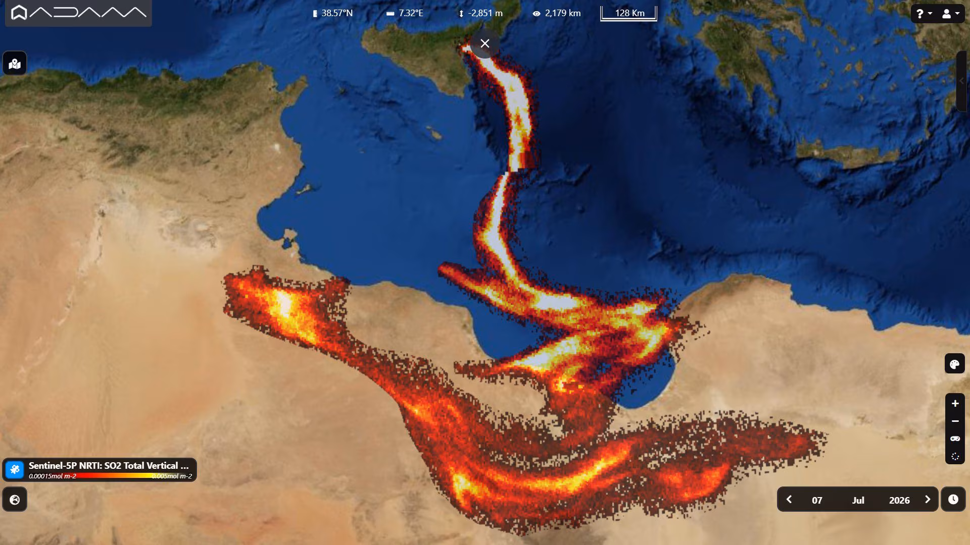 Éruption de l'Etna, le panache de dioxyde de soufre a atteint l'Afrique du Nord : la photo du satellite Copernicus