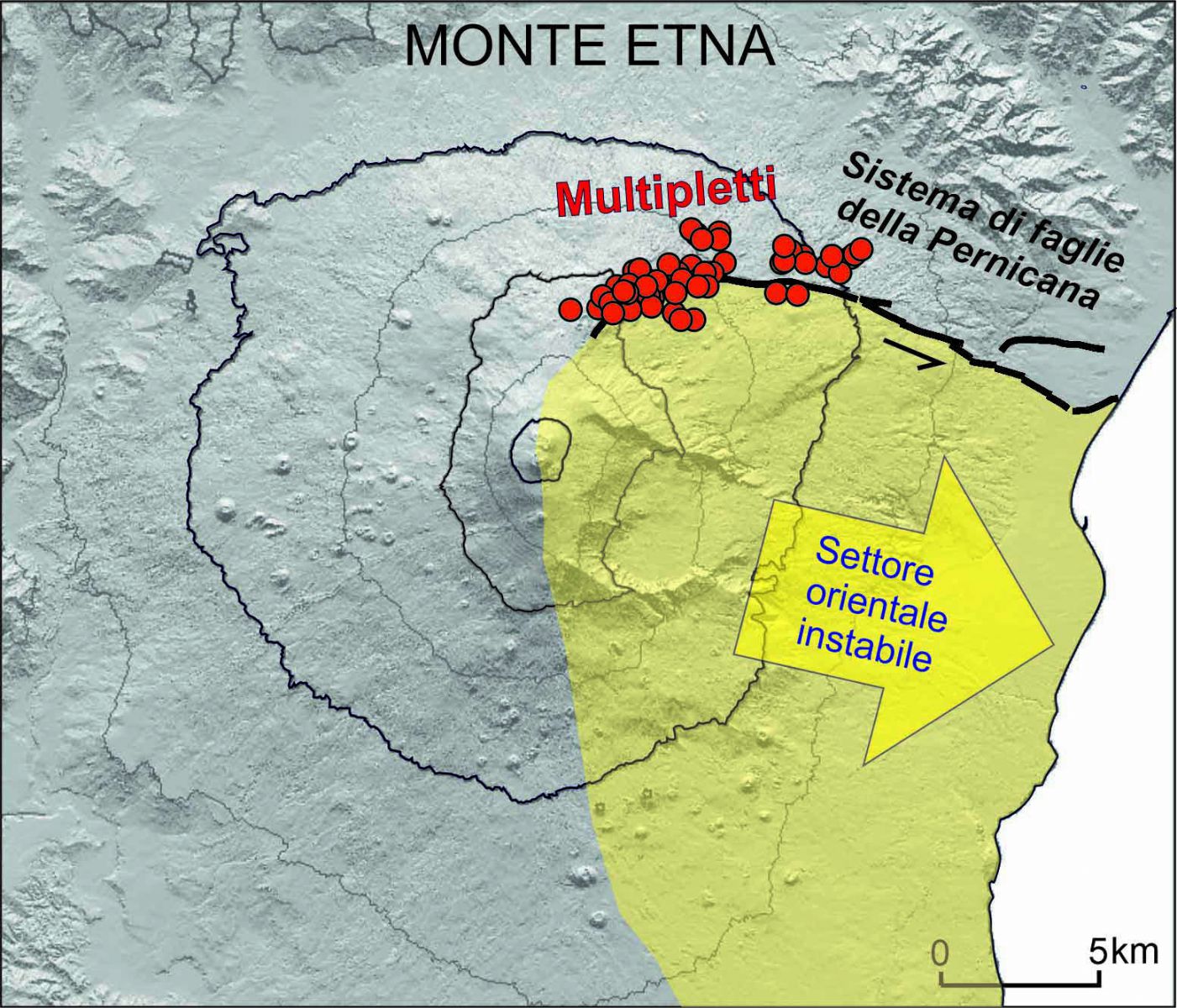 Glissement du secteur oriental de l'Etna. Crédits : INGV