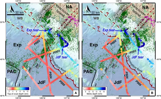 Vue cartographique de la structure des dalles et de la sismicité observées dans la région nord de l'île de Vancouver. Photo : Avancées scientifiques Vue cartographique de la structure des dalles et de la sismicité observées dans la région nord de l'île de Vancouver. Photo : Avancées scientifiques