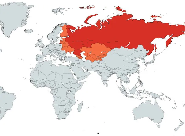 En rouge la Fédération de Russie, noyau de l'ex-Union soviétique, en orange les nations devenues indépendantes de l'URSS