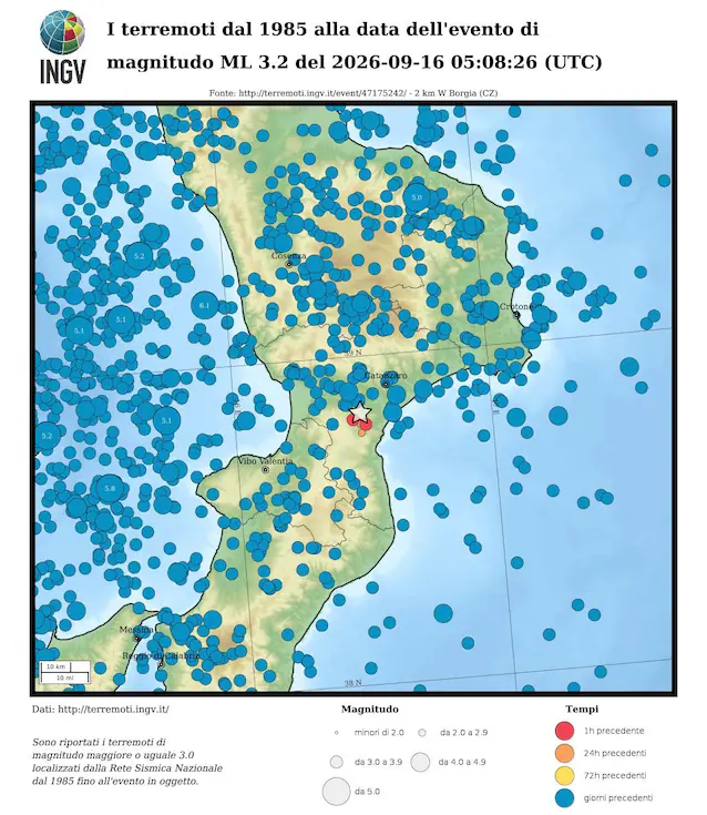Carte des séismes en Calabre
